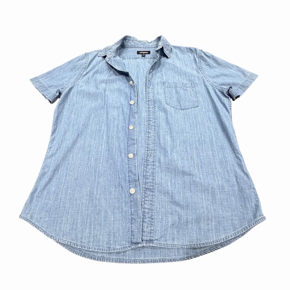 Express Men's Medium Chambray Denim Button Front Short Sleeve Shirt Blue Casual